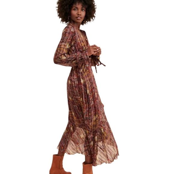 Anthropologie Love Sam Moroccan Paisley Wrap Dress V Neck Long Sleeve Size Small - Picture 2 of 15